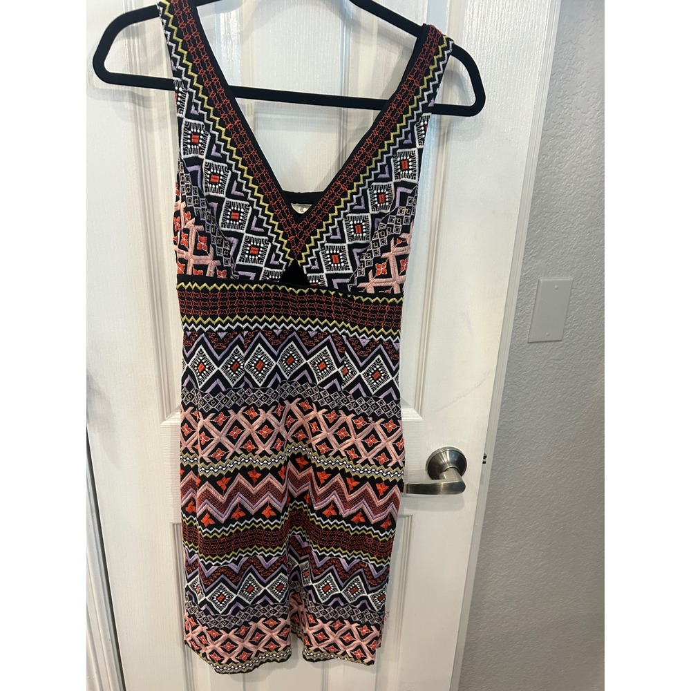 Akemi + Kin Mini Dress Black Embroidered Geometric Boho Sleeveless V-Neck Cutout